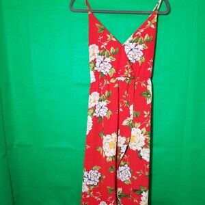 Blashe Tropical Floral Maxi Dress Large Red Hawaiian Floral V Neck Vacation